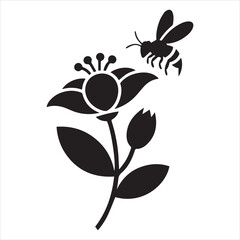 Bee flying around a flower, black silhouette, nature-inspired vector for print and decor
