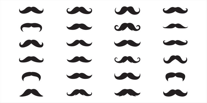 "A collection of 30 unique mustache silhouettes in black on white background, classic, modern, curly, handlebar, vintage and cartoon styles, centered and evenly spaced"
