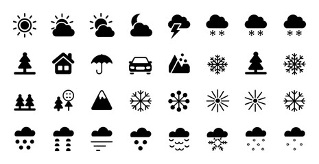 Weather icons sun cloud moon lightning snow rain trees house umbrella car mountain vector