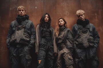 Fototapeta premium Four individuals dressed in tactical outfits pose with serious expressions against a rough urban wall, showcasing modern fashion and attitude Generative AI