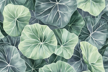 Botanical watercolor pattern of tropical leaves in shades of green and gray