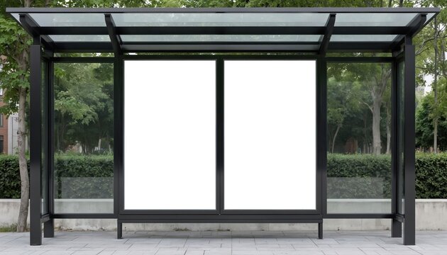 Modern bus stop shelter with glass, metal construction features two large blank advertising billboards. Offers commuters waiting area with clear visibility, protection from elements. Urban