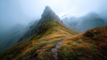 Misty mountain peak, autumnal colors. Hiking trail winds through the landscape