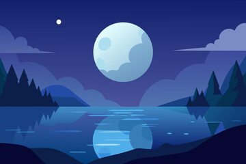 Tranquil Night Lake with Full Moon Vector