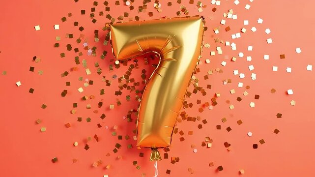 Celebrate a seventh birthday party with a fun, shiny gold number seven balloon and confetti falling