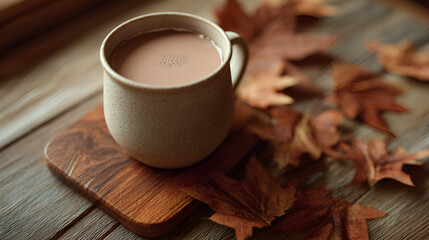 Aromatic autumn warmth: Coffee mug amidst fallen leaves, inviting cozy moments and seasonal comfort.