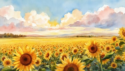 Obraz premium Watercolor painting captures vast sunflower field under cloudy sky with warm sunset tones. Loose brushstrokes create textured, natural landscape. Bright yellow flowers dominate scene, evoking peace,