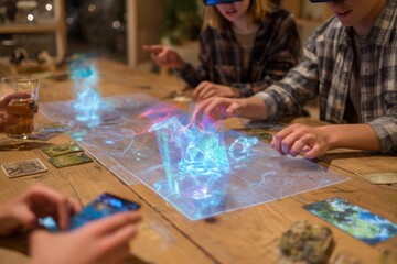 Fototapeta premium Group of friends enjoys a tabletop game enhanced with holograms, drinks in hand, surrounded by a warm, inviting atmosphere Generative AI
