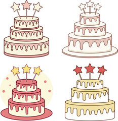Four Delicious Three Layered Cakes with Star Decorations Perfect for Birthday Celebrations or Festive Occasions