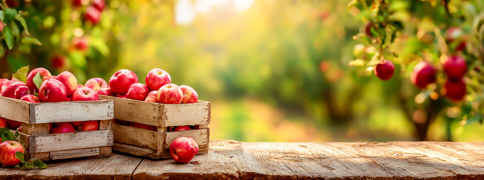 Two wooden crates filled with red apples are sitting on a wooden table in an apple orchard