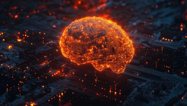 Fiery, digital brain above a tech city