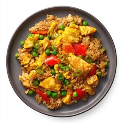 Fototapeta premium Stir-fried rice with chicken, eggs, peas, and peppers