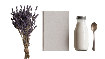A bouquet of dried lavender, a blank book, a milk bottle, and a spoon