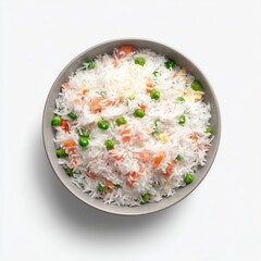 Bowl of fluffy fried rice with peas, carrots, and eggs