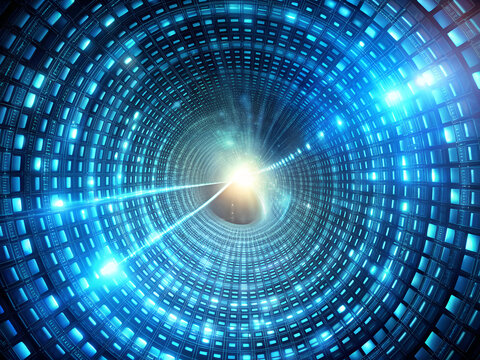 Futuristic data tunnel with glowing binary code and digital streams