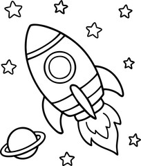 Space Coloring Page – Cute Cartoon Rocket and Planets for Kids