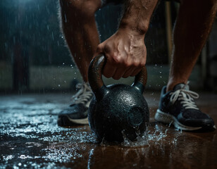 Man strong grip on wet kettlebell during outdoor rainy workout. Athlete trains endurance and strength in the rain. Close-up of hand holding heavy equipment, water splashing on the ground.