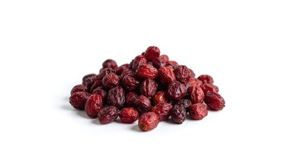 Pile of dried cranberries, rich red color, slightly wrinkled texture against clean white background. Sweet, tangy fruits healthy, isolated snack option, perfect for baking as standalone treat.
