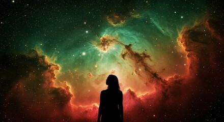 Person silhouetted against a spectacular multicolored nebula in space