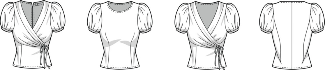 Women’s puff sleeve wrap top technical flat sketch, front and back blouse views, fashion cad drawing flat vector illustration