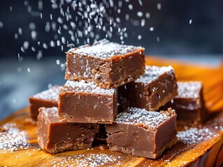 Delicious chocolate fudge squares topped with powdered sugar, set on a wooden plate. The rich, smooth texture contrasts with the sweet dusting., sweet treat, candy lover,