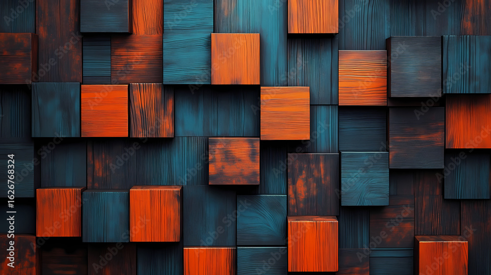 Wall mural abstract mosaic of colorful wooden blocks creating a textured three-dimensional wall for backgrounds
