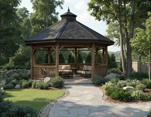 Fototapeta premium Elegant wooden gazebo with plush seating, stone pathway creates serene backyard oasis. Landscaping, mature trees, manicured gardens offer peaceful retreat. Perfect for summer relaxation, outdoor