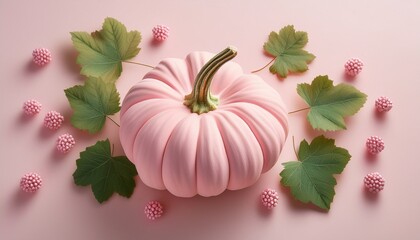 a pastel pink pumpkin with a green stem surrounded by green leaves and small pink berries