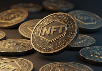 Gold nft coins symbolizing digital art and blockchain technology.