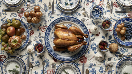 Fototapeta premium Traditional Holiday Table with Roasted Chicken and Dishes
