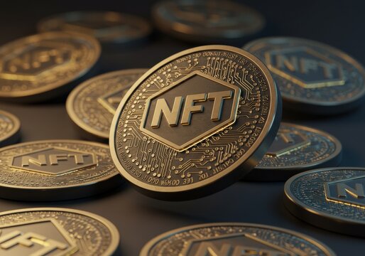 Gold nft coins symbolizing digital art and blockchain technology. - Powered by Adobe
