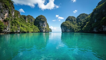 Turquoise water lagoon between rich green limestone cliffs in Philippine Islands. Clear shallow sea reflects blue sky, white clouds. Idyllic tropical paradise for boat tours, kayaking, island