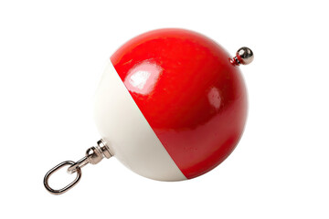 A round fishing bobber, half red, half white, with a metal attachment