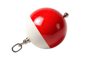 A round fishing bobber, half red, half white, with a metal attachment