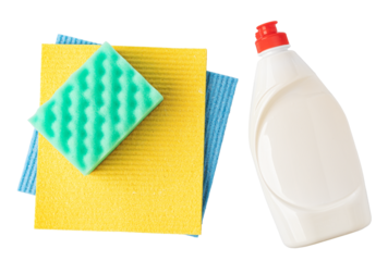Cleaning products on transparent background: sponges and detergent bottle for dishwashing