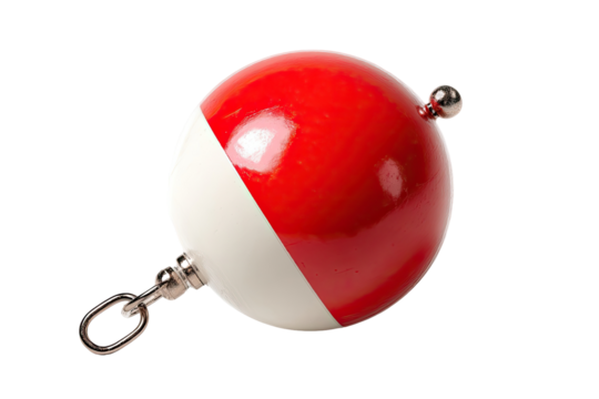 A round fishing bobber, half red, half white, with a metal attachment
