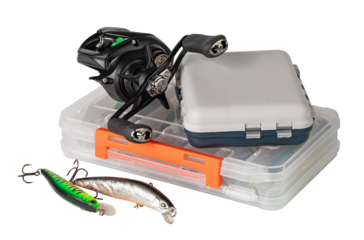 Fishing tackle with reel, lures, and box on transparent background