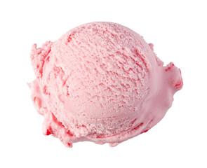 Single scoop of strawberry ice cream melting on transparent background