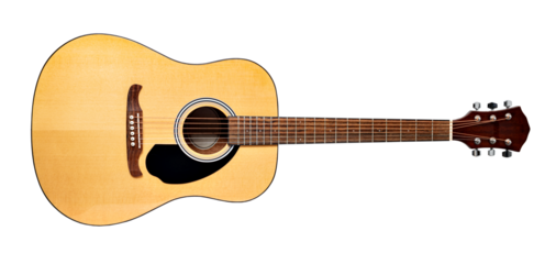 Acoustic guitar lying horizontally on transparent background
