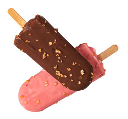 Two delicious ice cream bars with nuts coating on transparent background