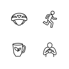 Four simple line art icons depicting a helmet a runner a mug a person holding a bowl