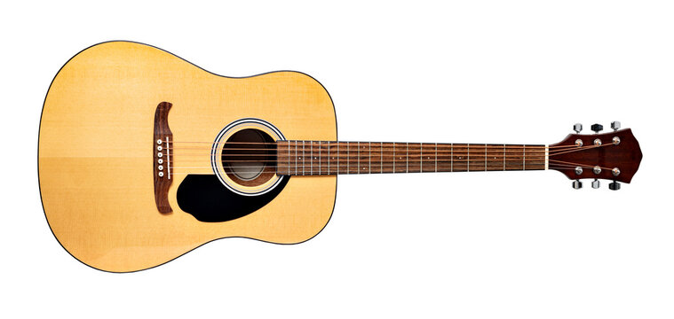 Acoustic guitar lying horizontally on transparent background