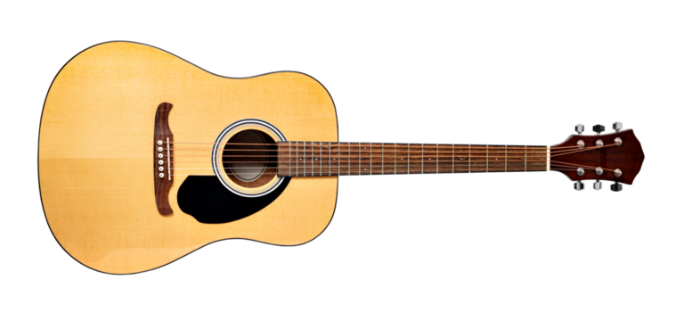 Acoustic guitar lying horizontally on transparent background