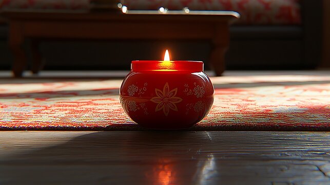 Single candle flickering gently in warm room, captured with mirrorless camera, 85mm lens, textured fabrics in background softly illuminated by candlelight