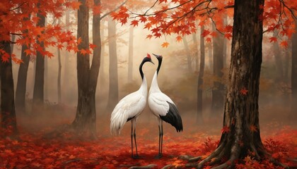 Pair of elegant red-crowned cranes stand in forest floor carpeted with vibrant red maple leaves. Soft light filters through trees, illuminating detailed feathers, creating serene, peaceful atmosphere
