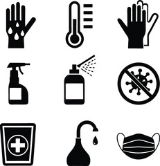 Vector Set of Hygiene and Health Safety Icons Featuring Masks, Sanitizer, Thermometer, and Gloves