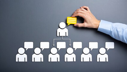 Hand placing a yellow speech bubble icon onto a white paper cutout figure at the top of a hierarchical organizational chart representing team communication and leadership