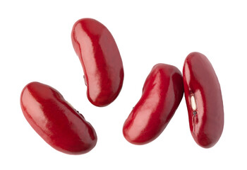 Four red kidney beans falling on transparent background