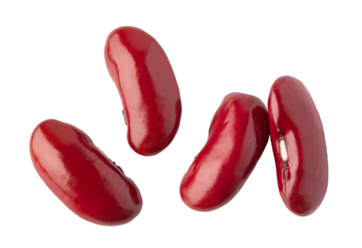 Four red kidney beans falling on transparent background