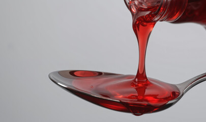 Close-up of vibrant red syrup pouring from glass bottle into shiny metal spoon. Thick, smooth liquid with rich texture. Perfect for culinary, dessert, beverage, cooking, and sweet ingredient.